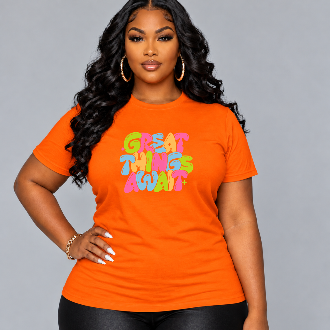 Great Things Await T-Shirt | Colorful Inspirational Graphic Tee | Positive Motivational Unisex Shirt | Trendy Streetwear | 12 Colors