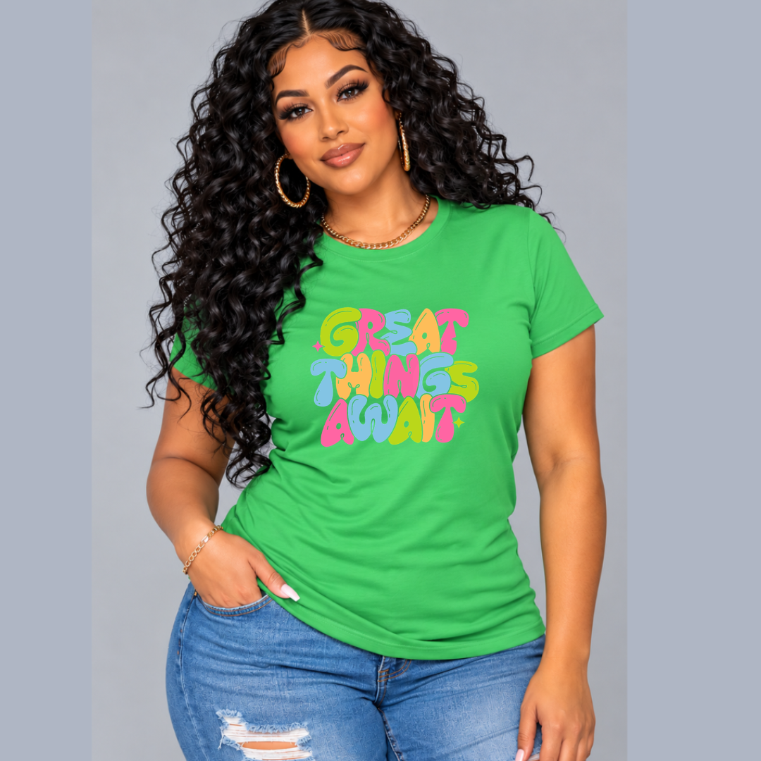 Great Things Await T-Shirt | Colorful Inspirational Graphic Tee | Positive Motivational Unisex Shirt | Trendy Streetwear | 12 Colors