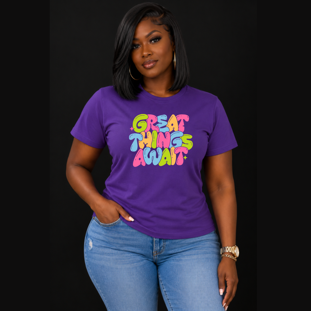 Great Things Await T-Shirt | Colorful Inspirational Graphic Tee | Positive Motivational Unisex Shirt | Trendy Streetwear | 12 Colors