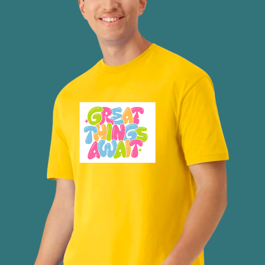 Great Things Await T-Shirt | Colorful Inspirational Graphic Tee | Positive Motivational Unisex Shirt | Trendy Streetwear | 12 Colors