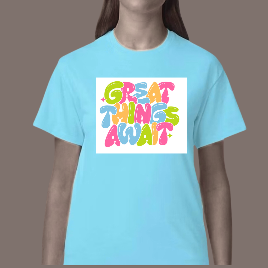 Great Things Await T-Shirt | Colorful Inspirational Graphic Tee | Positive Motivational Unisex Shirt | Trendy Streetwear | 12 Colors