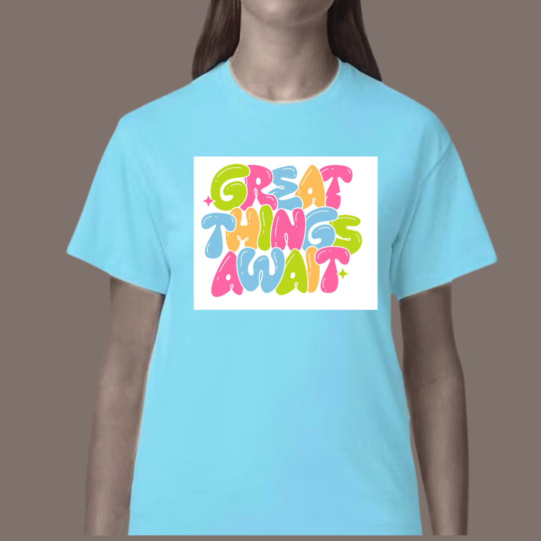 Great Things Await T-Shirt | Colorful Inspirational Graphic Tee | Positive Motivational Unisex Shirt | Trendy Streetwear | 12 Colors