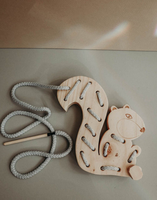 Squirrel lacing toy, Wooden sewing, Montessori